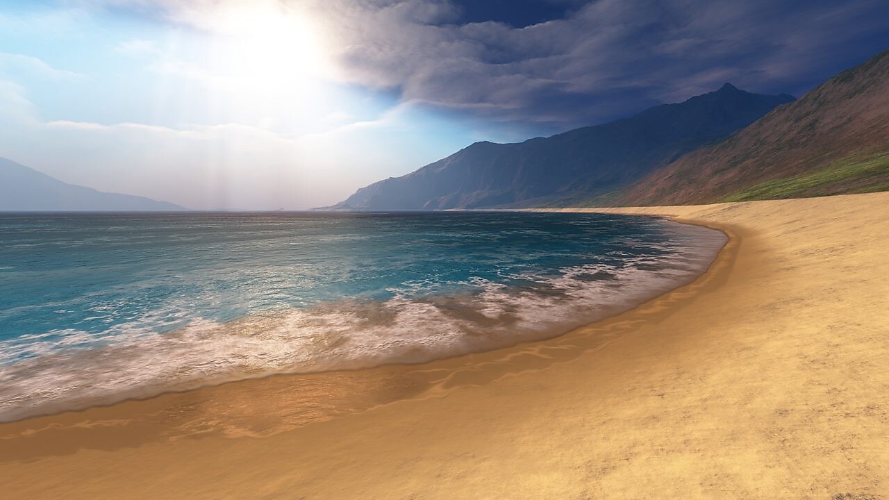 Mountain and beach scene with dark clouds