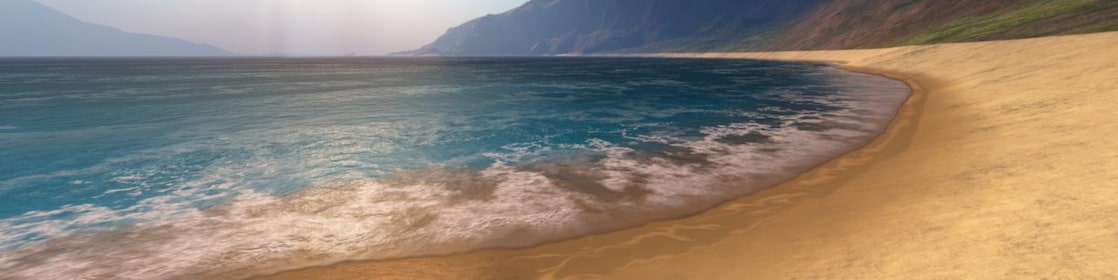 Mountain and beach scene with dark clouds