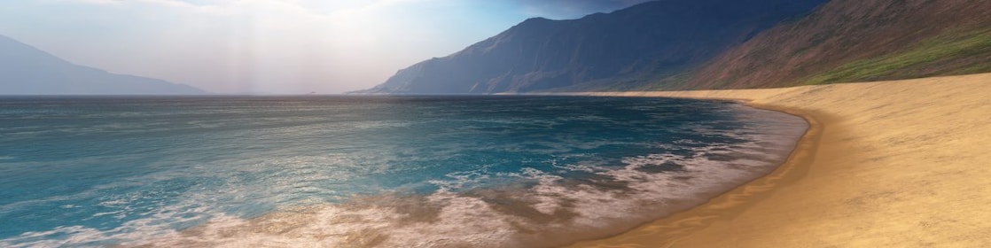 Mountain and beach scene with dark clouds