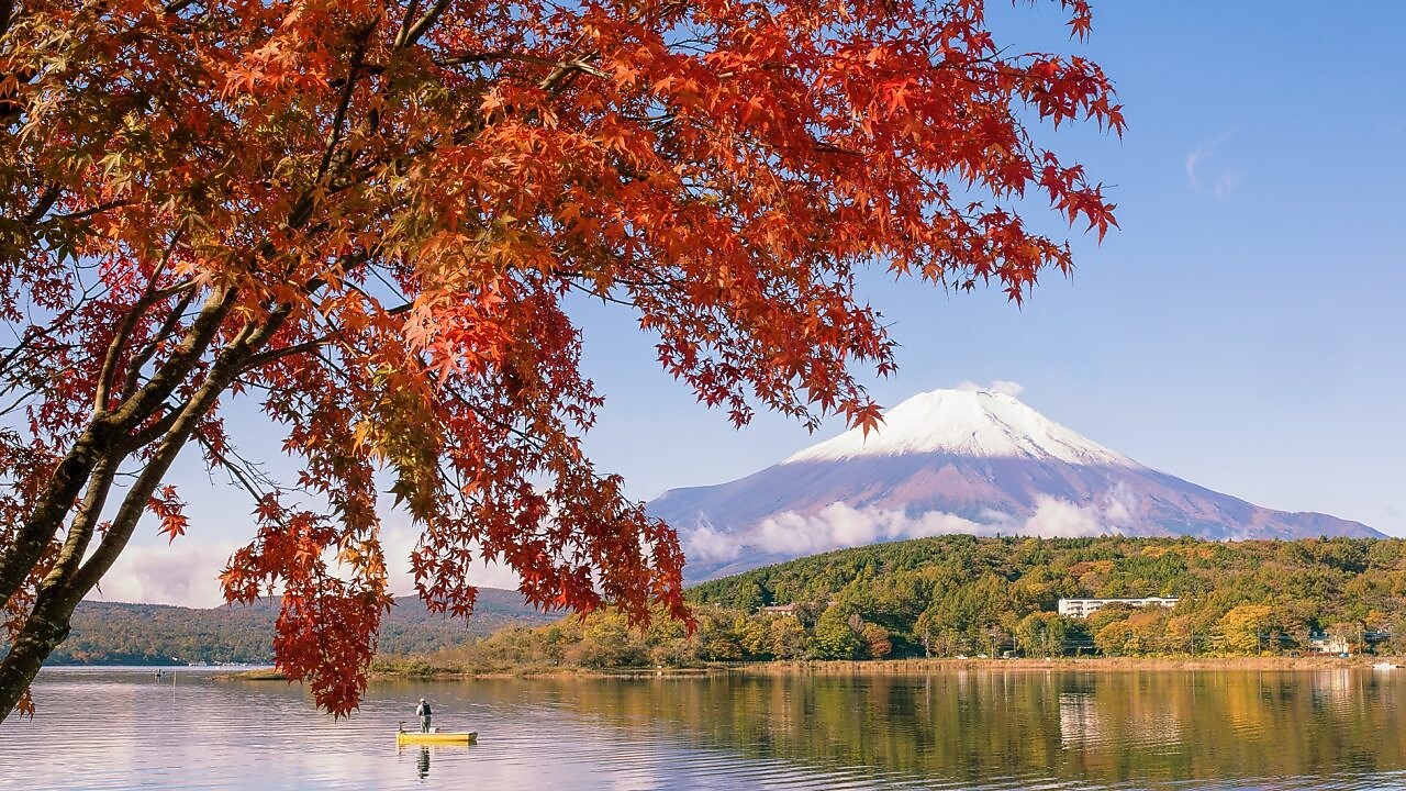 Lake with snow topped mountain in the distance