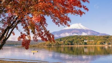 Lake with snow topped mountain in the distance
